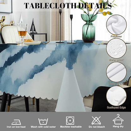 Swono Foggy Mountain 52"X70" Oblong Table Cloth Misty Forest Tree Hills Landscape Wrinkle Free Table Cover Farmhouse Tablecloth for Home Restaurant Picnic Indoor Outdoor Dining, Blue