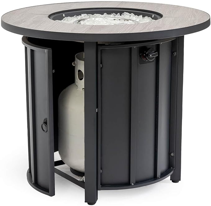 30'' Concrete Round Gas Fire Pit, 50,000 BTU Steel Outdoor Fire Tables, Fire Table with Lid, Add Warmth & Ambience to Gatherings and Parties On Patio Deck Garden Backyard，White Glass Stone.