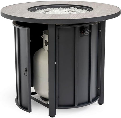 30'' Marble Ceramic Round Gas Fire Pit, 50,000 BTU Outdoor Fire Tables, Fire Table with Lid, Add Warmth & Ambience to Gatherings and Parties On Patio Deck Garden Backyard, White Glass Stone.