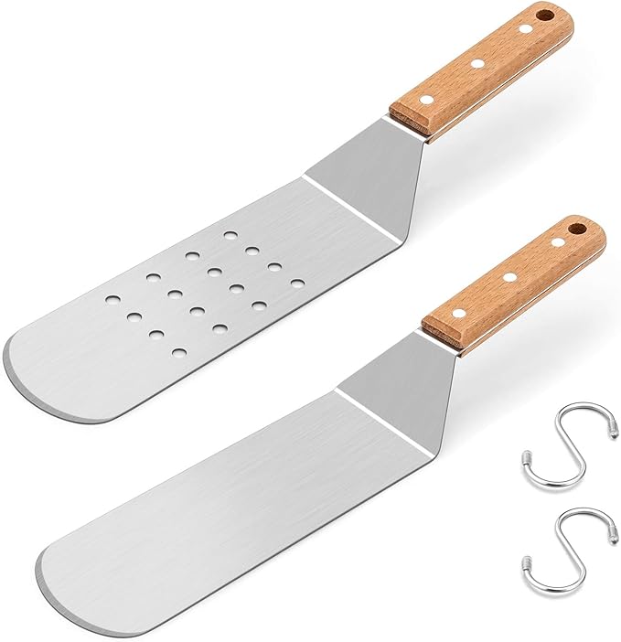 Metal Spatula Set, HaSteeL Stainless Steel Griddle Spatula Tools Kit with Wooden Handle, Heavy Duty Long Pancake Flipper Burger Turner for BBQ Teppanyaki Flat Top Grilling Cooking Outdoor & Indoor