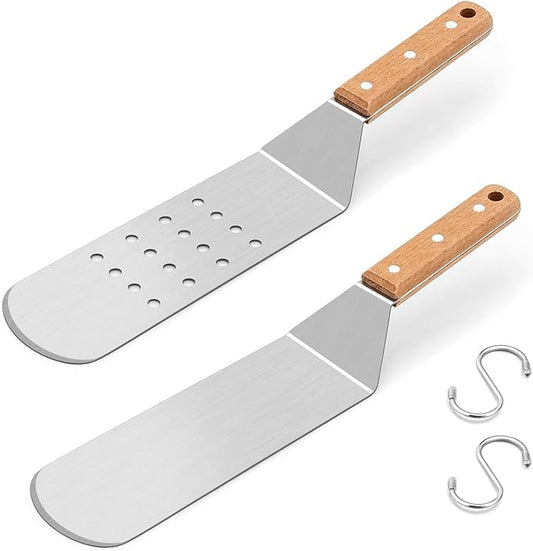 Metal Spatula Set, HaSteeL Stainless Steel Griddle Spatula Tools Kit with Wooden Handle, Heavy Duty Long Pancake Flipper Burger Turner for BBQ Teppanyaki Flat Top Grilling Cooking Outdoor & Indoor