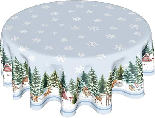 Sweetshow Winter Snowflake Blue Table Cloth Round Christmas Tree Deer Squirrel Tablecloth 70 Inch Winter Decor Washable Stain and Wrinkle Resistant Round Table Cover for Dining Party Picnic