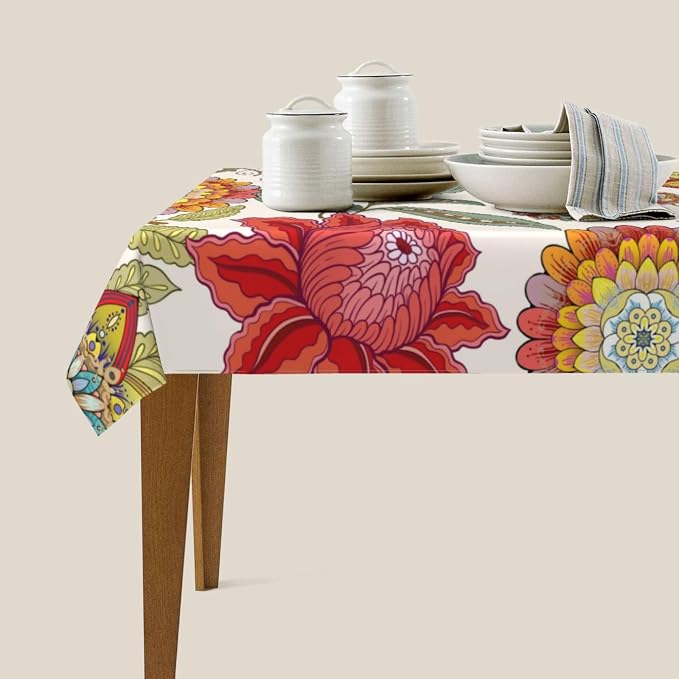 Rectangle 54"x72" Boho Floral Tablecloth Flower Colorful Decorative | Washable Table Cloth for Kitchen Dining Parties Picnic Birthday Spring Summer Farmhouse Home Decor