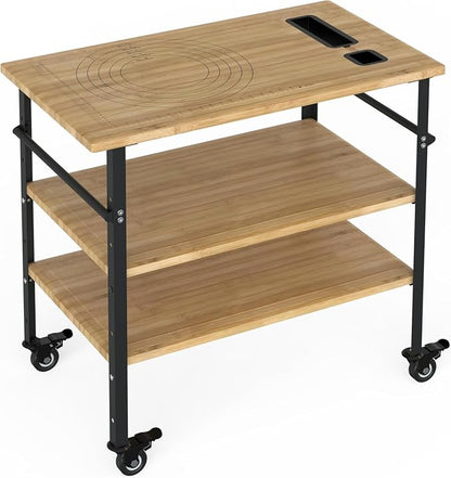 GarveeLife Pizza Oven Table 33 in x20 in x35.5 in, Outdoor Grill with 4 Wheels, Three-Shelf Bamboo Wood Bar Cart Dining Prep Food Prep & BBQ Grill Table, Wood Color