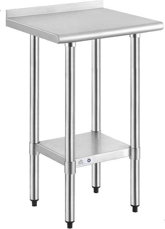 ROCKPOINT Stainless Steel Table for Prep & Work with Backsplash 18x24 Inches, NSF Metal Commercial Kitchen Heavy Duty Table with Adjustable Under Shelf and Table Foot for Restaurant, Home and Hotel