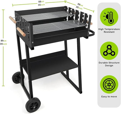 Portable Charcoal Grill, Skewer Charcoal Grill with wheels for Outdoor Cooking Camping Garden