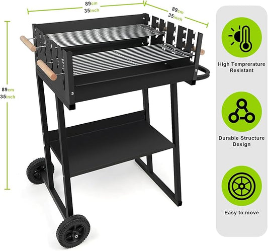Portable Charcoal Grill, Skewer Charcoal Grill with wheels for Outdoor Cooking Camping Garden