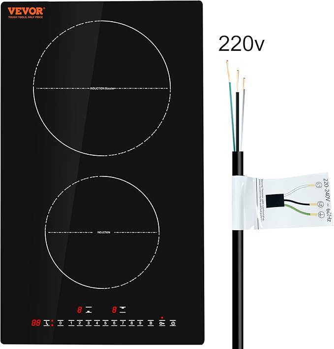 VEVOR Electric Cooktop, 2 Burners, 12'' Induction Stove Top, Built-in Magnetic Cooktop 3000W, 9 Heating Level Multifunctional Burner, LED Touch Screen w/Child Lock & Over-Temperature Protection