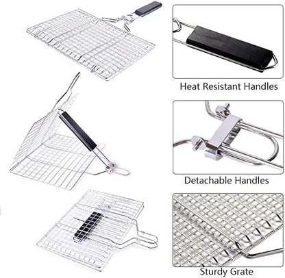 Foldable Grill Basket,Portable Stainless Steel BBQ Barbecue Grilling Basket,With Removable Handle,For Vegetables,Steak,Fish,Shrimpand Whether At Home or OutdoorsBBQ,It Is A Very Practical Barbecue