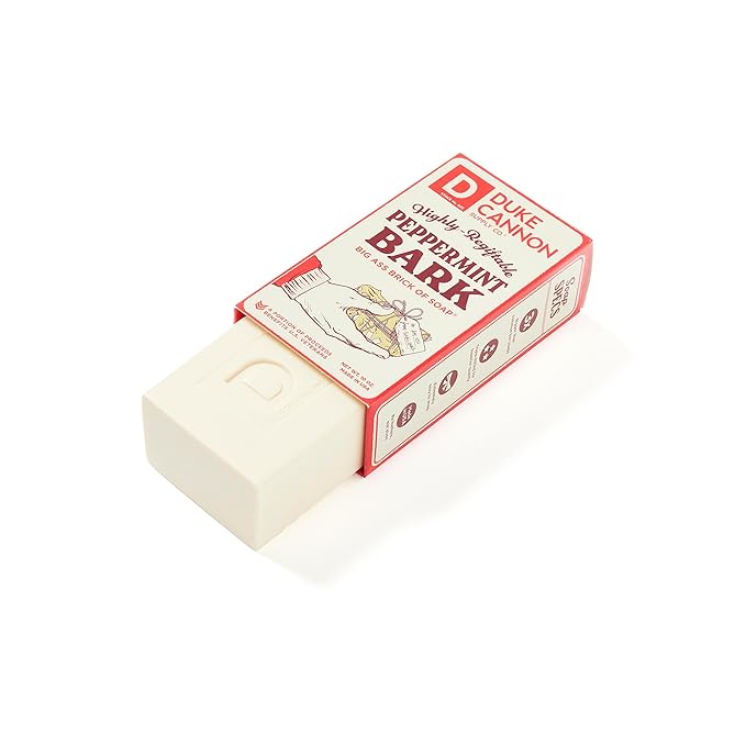 Duke Cannon Supply Co. Peppermint Bark Big Brick of Soap - 10oz Holiday Bar with Tactical Scrubber | U.S. Military-Grade Pouch | Coarse and Soft Mesh