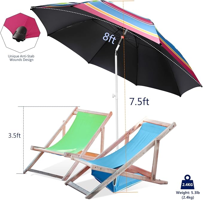 Fisqueen 8FT Large Beach Umbrella with Wind Resistance Sand Anchor Sand Bag, Portable Outdoor Umbrella with UPF50+ UV Protection, Tilt Sun Shelter for Beach, Patio, Yard