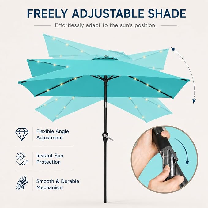6.5 x 10ft Rectangular Patio Umbrella with Solar Lights, 16 LED Lighted Market Umbrella with Push-Button Tilt and Crank, 6 Sturdy Iron Ribs for Garden, Deck, Pool, Aqua Blue