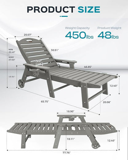 Ciokea Outdoor Lounge Chair Set of 4, All Weather Patio Chaise Lounge Chairs for Outside, HDPE Chair with Rolling Wheels & Cup Holder, 5 Position, Deck, Pool, Grey