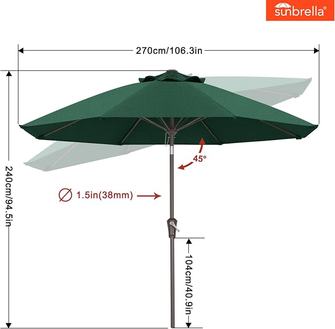 ABCCANOPY 10-Year No Fading 9FT Acrylic Outdoor Patio Umbrella(Green) | Fade & UV Resistant Fabric,8 Fiberglass Ribs，Wind Vent，Crank Lift & Tilt,Outdoor Table Umbrella for Deck,Backyard,Yard