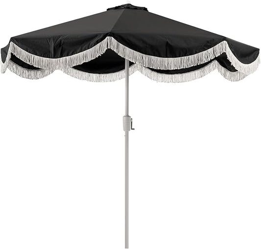 Tempera 9ft Auto Tilt Scalloped Patio Umbrellas with Fringe, Outdoor Table Umbrellas with Fade Resistant Canopy, 8 Sturdy Rids, Luxurious Vintage Umbrellas for Lawn, Pool, Deck, Balcony