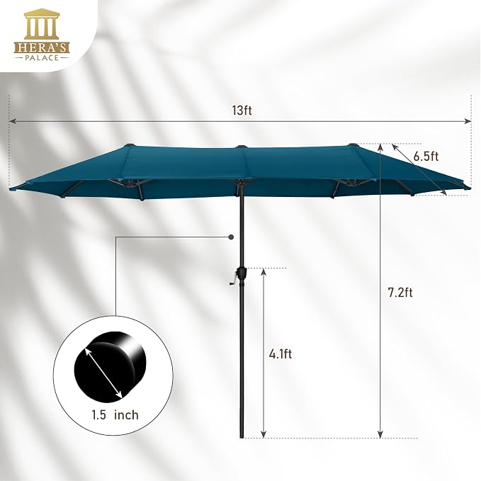 13 ft Large Double-Sided Patio Umbrella, Outdoor Umbrella, Cerulean | HERA'S PALACE Rectangular Umbrella, Market Umbrella with Crank Handle, Powerful UV Protective for Beach Pool Garden Backyard
