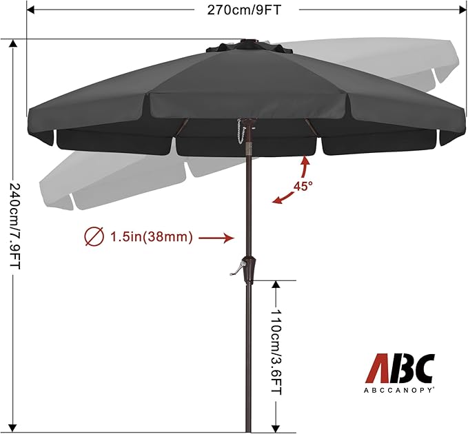 ABCCANOPY 9ft Scalloped Patio Umbrella, Outdoor Table Umbrella with Tilt and Crank, Fiberglass Ribs Deck Umbrella for Patio, Pool, Garden, Picnic (Dark Gray)