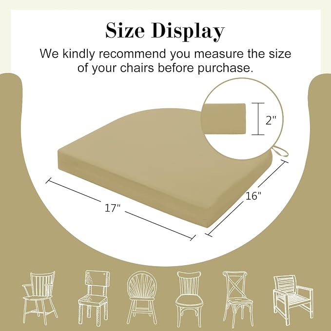 Cozyide Outdoor Chair Cushions, Waterproof Patio Seat Cushions with Adjustable Straps, Round Corner Patio Chair Cushions for Garden, Khaki, 17x16x2 Inch (Pack of 4)