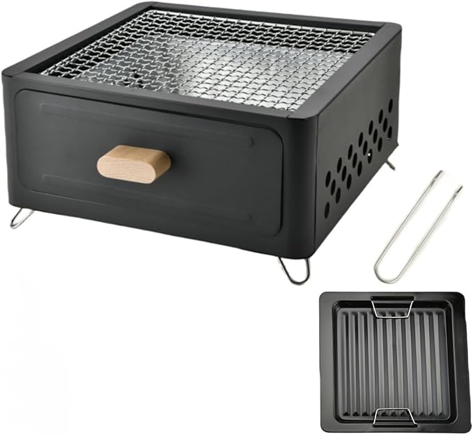 LOGOFUN Portable Charcoal Grill with Enamel Griddle Pan Japanese Style Tabletop BBQ for Outdoor Camping Folding Barbecue Hibachi Backyard Patio Balcony