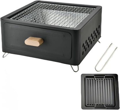 LOGOFUN Portable Charcoal Grill with Enamel Griddle Pan Japanese Style Tabletop BBQ for Outdoor Camping Folding Barbecue Hibachi Backyard Patio Balcony