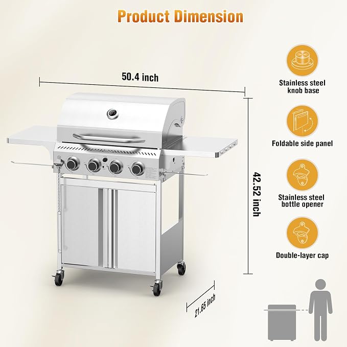 COWSAR 4-Burner Propane Gas Grill, 32K BTU, Stainless Steel BBQ, Outdoor | 4-Burner Propane Grill, 32K BTU, Stainless Steel & Foldable Tables, Outdoor BBQ Patio, Thermometer & Lockable Casters