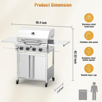 COWSAR 4-Burner Propane Gas Grill, 32K BTU, Stainless Steel BBQ, Outdoor | 4-Burner Propane Grill, 32K BTU, Stainless Steel & Foldable Tables, Outdoor BBQ Patio, Thermometer & Lockable Casters