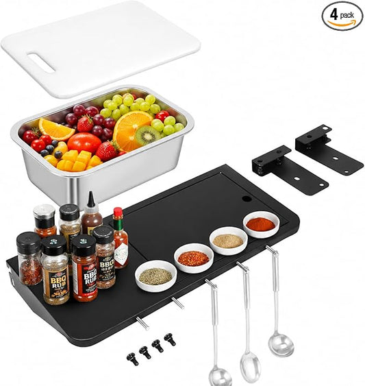 QuliMetal Folding Front Shelf for Traeger Pro 22, Pro 575, Ironwood 650, BAC362, Grill Front Table with Cutting Board, Wash Basin, Lid & 5 Hooks, Steel BBQ Prep Shelf for Food Prep and Storage