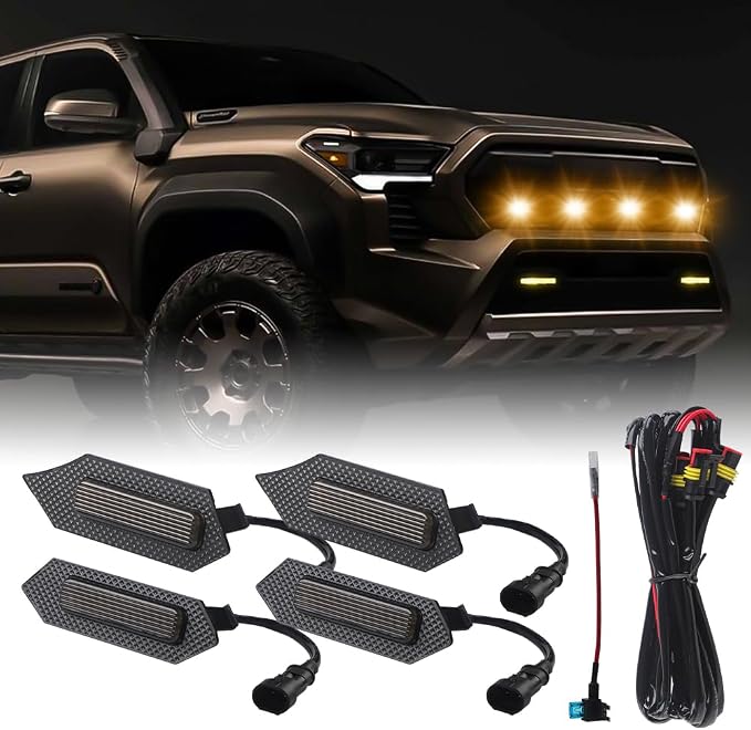 4PCS Grill Light Fit for Tacoma TRD Sport/Off-Road/Prerunner 2024-2026 | with Fuse Adaptor, with 4-in-1 Wire Harness, LED Grille Light Bar Compatible with Tacoma 4th Gen, Amber