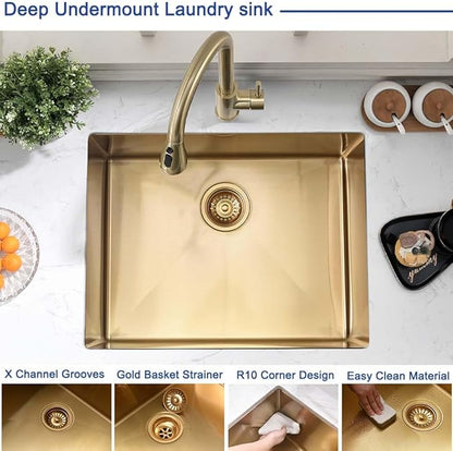 Gold Laundry Sink Undermount-Hovheir 24x19x12 Undermount Utility Sink 16 Gauge Brushed Gold Stainless Steel Single Bowl Deep Laundry Room Kitchen Sinks Outdoor Sinks with Bottom Grid