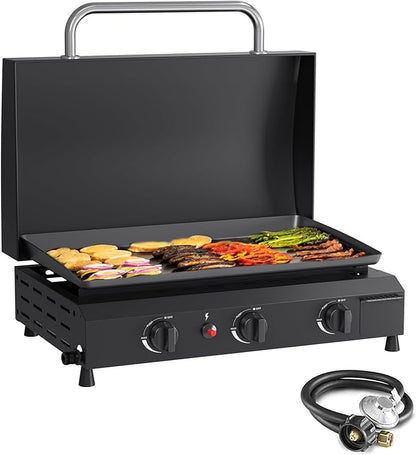 SKOK 23.3 Inch Flat Top Grill, Gas Griddle with Hood, Portable Tabletop Propane Gas Griddle Grill for Camping, Outdoor & Tailgating Barbecue, 45,000 BTU Output, 3 Burners
