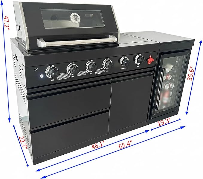 65-Inch 4-Burner 72,000 BTU Deluxe Stainless Steel Propane Gas Outdoor Kitchen Barbecue Island Grill, Wine Cooler, Compact Refrigerator, Marble Countertops