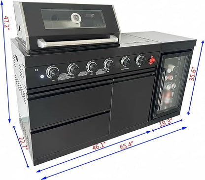 65-Inch 4-Burner 72,000 BTU Deluxe Stainless Steel Propane Gas Outdoor Kitchen Barbecue Island Grill, Wine Cooler, Compact Refrigerator, Marble Countertops