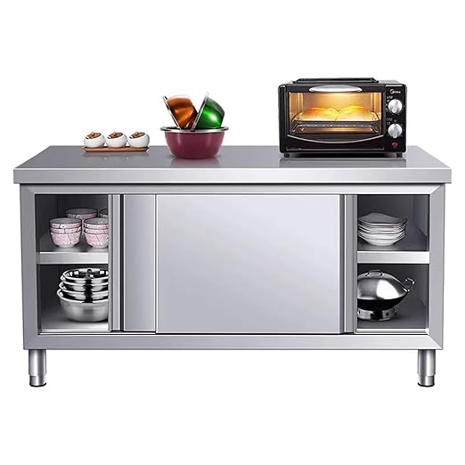 Stainless Steel Commercial Worktable w/Sliding Doors for Prep & Work 47" x 20" Commercial Kitchen Prep Table Heavy Duty Workbench w/Cabinet for Home Restaurant Hotel and Garage