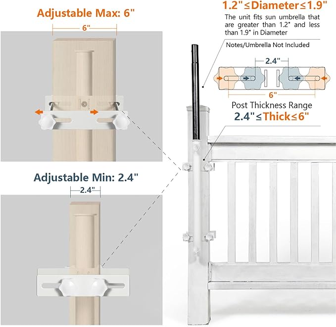 304 Stainless Steel Umbrella Deck Mount, Patio Umbrella Holder, Post White | Fits Umbrellas up to 1.9", Easy Installation, Sturdy, Save Space, Heavy Duty Outdoor Umbrella Base, Railing Mounting Brackets
