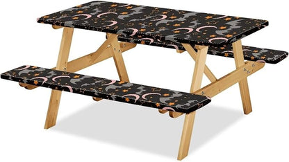 3 Piece Fitted Picnic Table Cover with Elastic Band for Camping Party Supplies Halloween Bat Moon Camping Tablecloth with Elastic Band