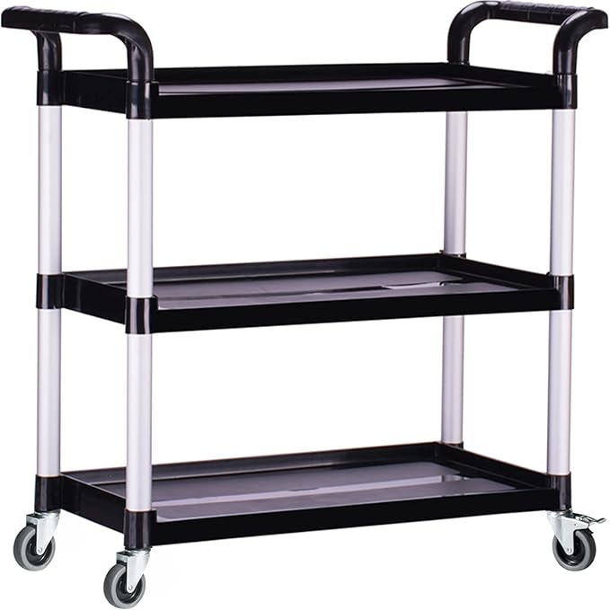 Plastic Utility Carts with Wheels, Heavy Duty 510lbs Capacity Rolling Service Cart, 3-Tier Restaurant Food Cart with Hammer for Office, Warehouse, Garage (2 Lockable Wheels, Black)
