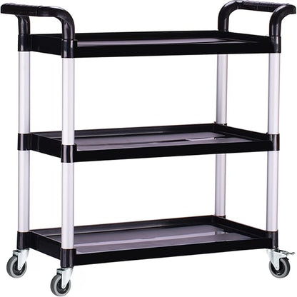 Plastic Utility Carts with Wheels, Heavy Duty 510lbs Capacity Rolling Service Cart, 3-Tier Restaurant Food Cart with Hammer for Office, Warehouse, Garage (2 Lockable Wheels, Black)