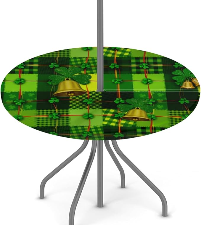 Round Outdoor Tablecloth with Umbrella Hole - Waterproof Patio Table Cover with Zipper Elastic Table Cloth Fits 45"-56" Tables for Party Cafe Garden Decor(St. Patrick's Day Green Leaves)