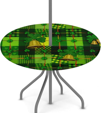 Round Outdoor Tablecloth with Umbrella Hole - Waterproof Patio Table Cover with Zipper Elastic Table Cloth Fits 45"-56" Tables for Party Cafe Garden Decor(St. Patrick's Day Green Leaves)