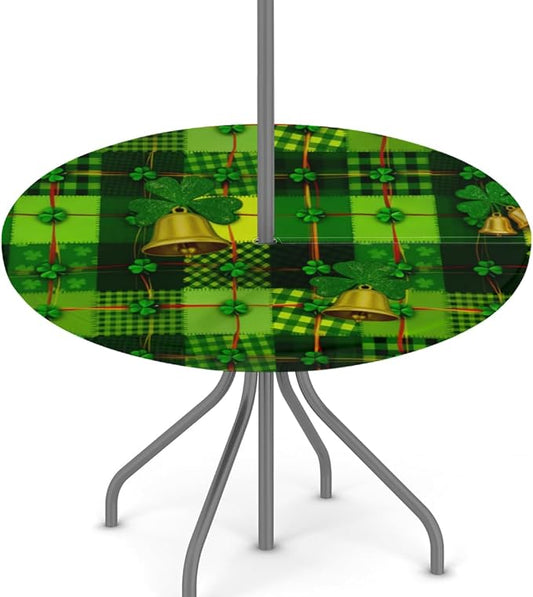 Round Outdoor Tablecloth with Umbrella Hole - Waterproof Patio Table Cover with Zipper Elastic Table Cloth Fits 45"-56" Tables for Party Cafe Garden Decor(St. Patrick's Day Green Leaves)