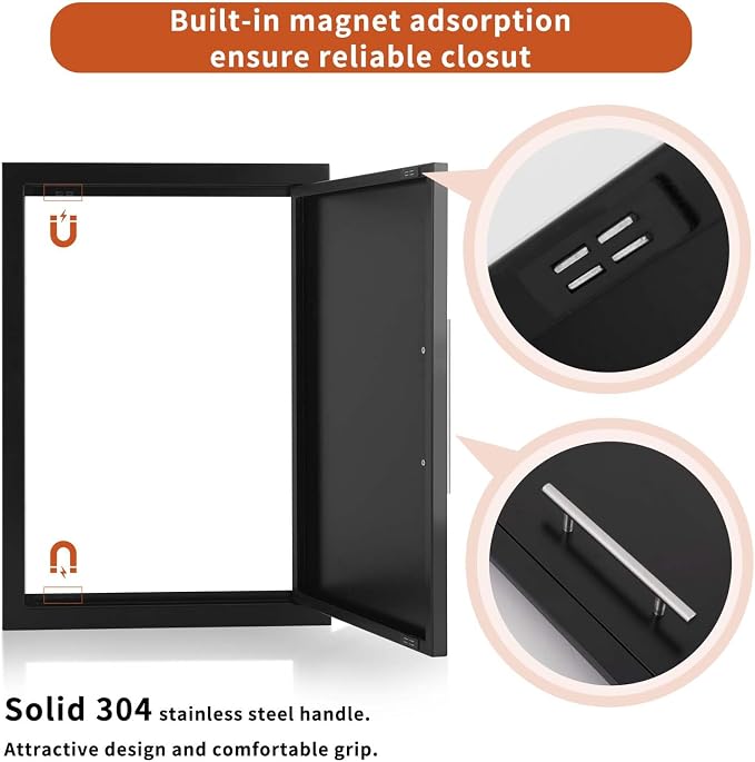 JIE JIN Outdoor Kitchen Doors 17" W X 24" H Single Doors 1.2mm Thickness Stainless Steel BBQ Access Door BBQ Island Doors Outdoor Kitchen Accessories Door for Outdoor Kitchen BBQ Island (Black)