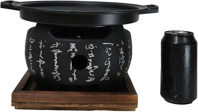 Ebros Gift Japanese Cuisine Tabletop Shichirin Konro Compact Movable Charcoal Grill BBQ Aluminum Cooking Stove With Comal Flat Griddle And Wooden Trivet Base For Yakitori Hibachi Yakiniku