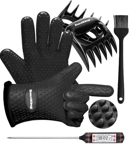 EastKing Smoker Accessories Set-Grilling Oven Gloves,BBQ Claws,Meat Thermometer and Silicone Brush BBQ Set for Cooking Barbecue Baking (Black)