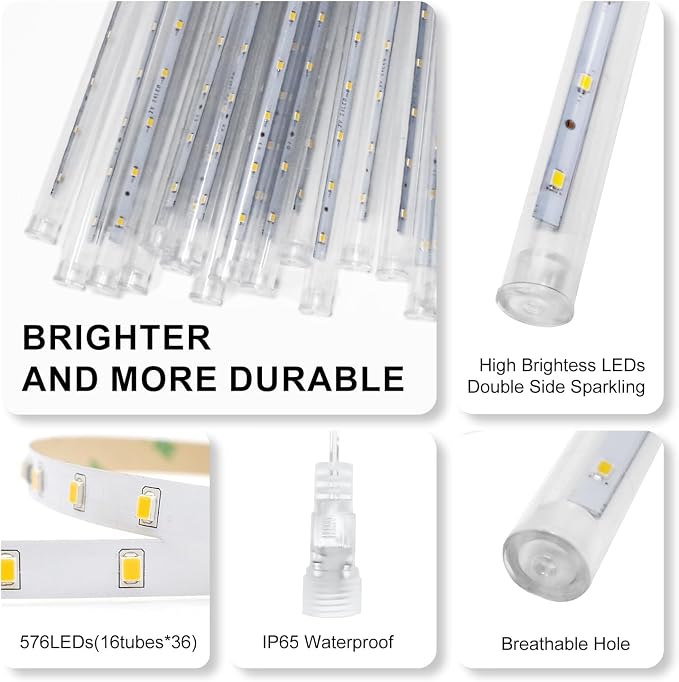 PEMOTech Christmas Lights Outdoor,24 Tubes(Equivalent to 3 Sets of 8-Tubes) 576 Led Meteor Shower Lights, Waterproof Icicle Light for Xmas Tree Halloween Party, Ul Plug,Cool White