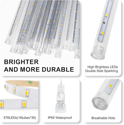 PEMOTech Christmas Lights Outdoor,24 Tubes(Equivalent to 3 Sets of 8-Tubes) 576 Led Meteor Shower Lights, Waterproof Icicle Light for Xmas Tree Halloween Party, Ul Plug,Cool White