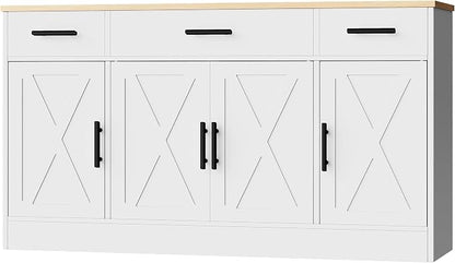 Shintenchi Buffet Cabinet with Storage,53.4" Large Kitchen Storage Cabinet with 3 Drawers and 4 Doors,Wood Farmhouse Buffet Sideboard with Adjustable Shelf for Kitchen Living Room, White