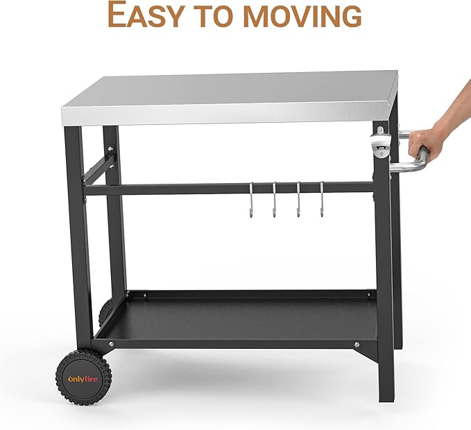 onlyfire Movable Stainless Steel Dining Cart Table, Pizza Oven Table with Propane Tank Holder, Heavy Duty Utility Cart on Wheels for Outdoor Kitchen, BBQ Grill, Patio, 33.6” x 21.7” Workstation