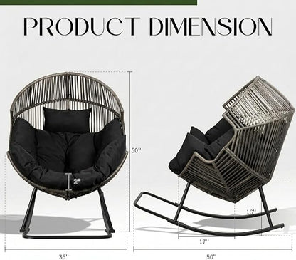 Shintenchi Oversized Outdoor Rocking Chair, Wicker Egg Patio Lounge Chair Basket Seat with Thick Cushion, All Weather Indoor Outdoor Porch Rockers for Balcony, Living Room, Lawn Garden