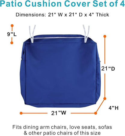 NettyPro Patio Chair Seat Cushion Covers Set 4, Waterproof Outdoor Furniture Cushion Slipcovers with Zipper and Tie, 21 x 21 x 4 Inch, Replacement Cover Only, Navy