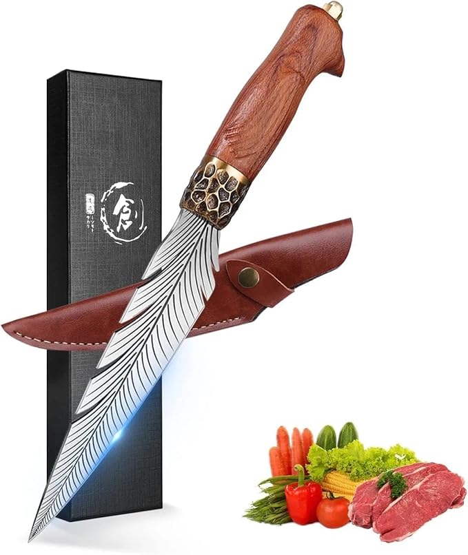 Dream Reach Feather Viking Knife – Hand-Forged Boning Knife with Sheath, 7" High Carbon Steel Butcher Tool for Meat Cutting, Camping BBQ Christmas Gifts for Men Women